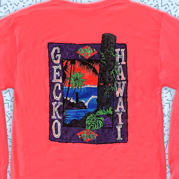 Gecko Tiki Time - 1980s Neon Coral Long Sleeve Tee