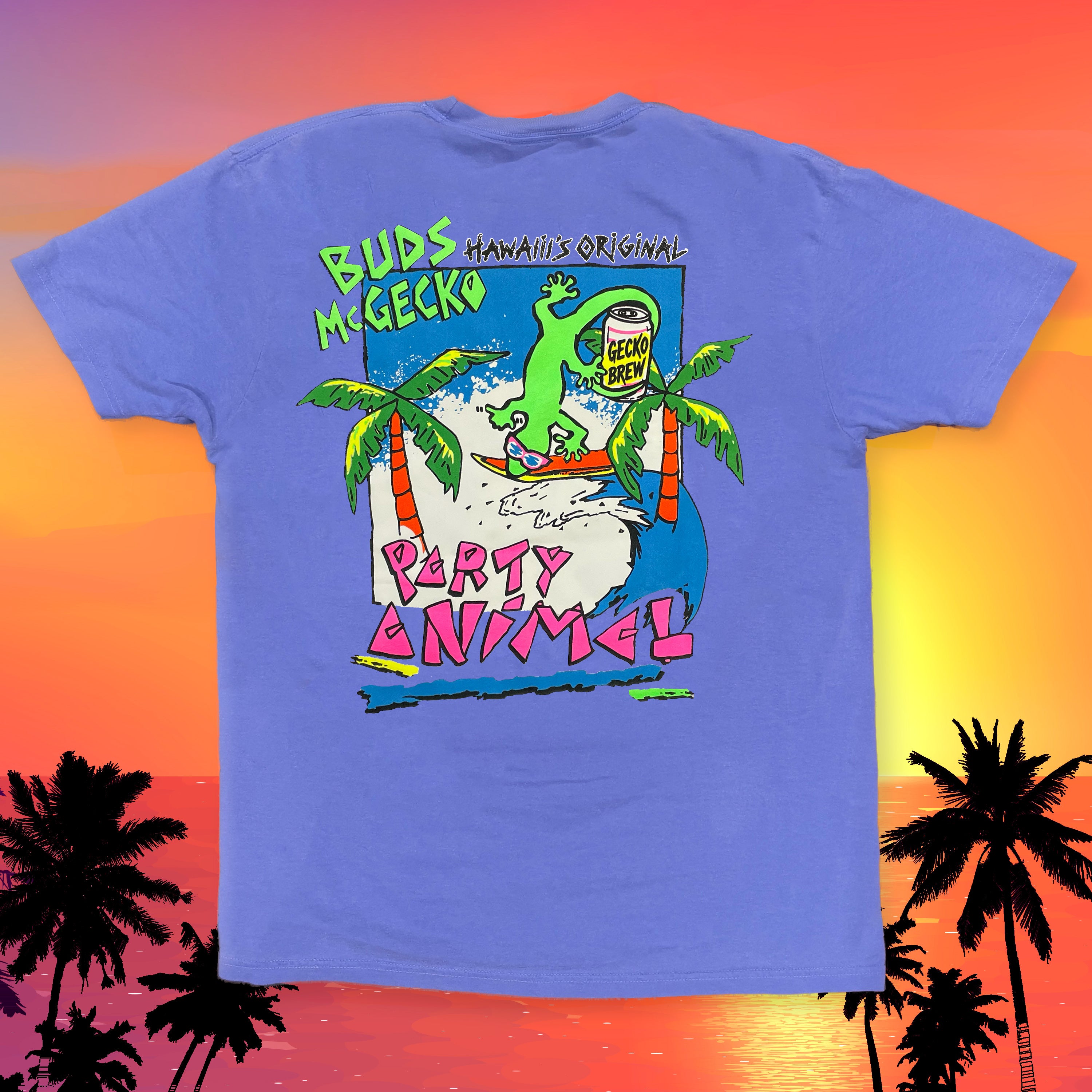 Gecko Hawaii T-Shirt - 1988 Buds McGecko Party Animal Neon Green Tee