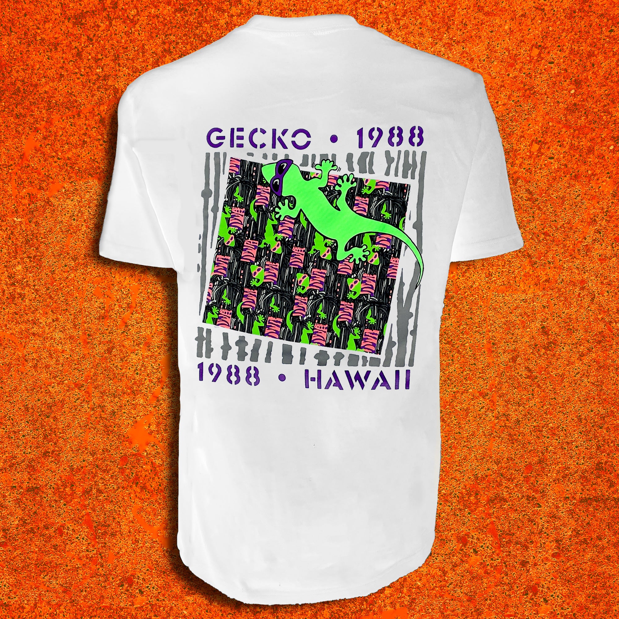 1988 Gecko Snapshot - Black/Orange White Tee | Gecko Hawaii