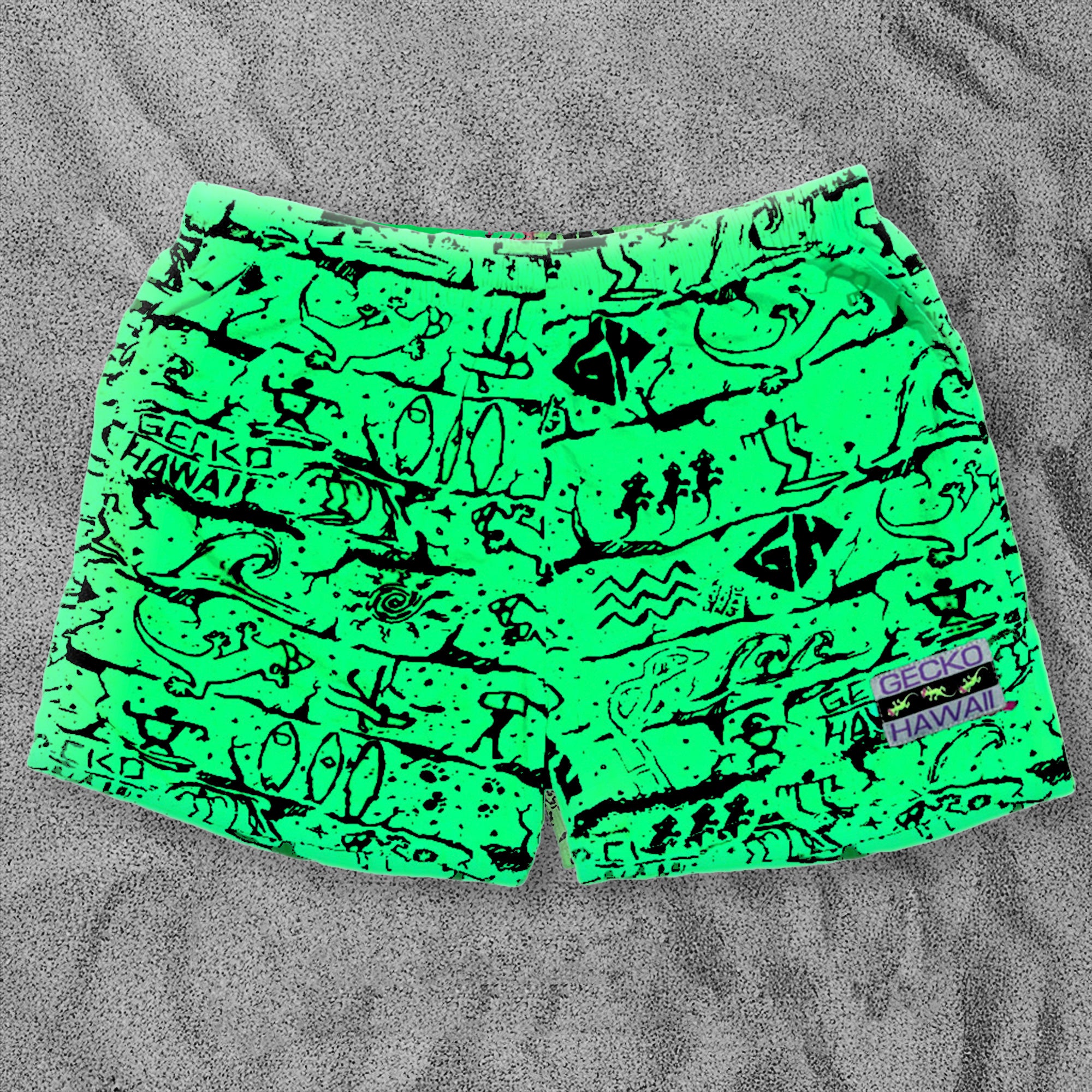Iconic Gecko Wall Neon Green Volley Shorts | Gecko Hawaii