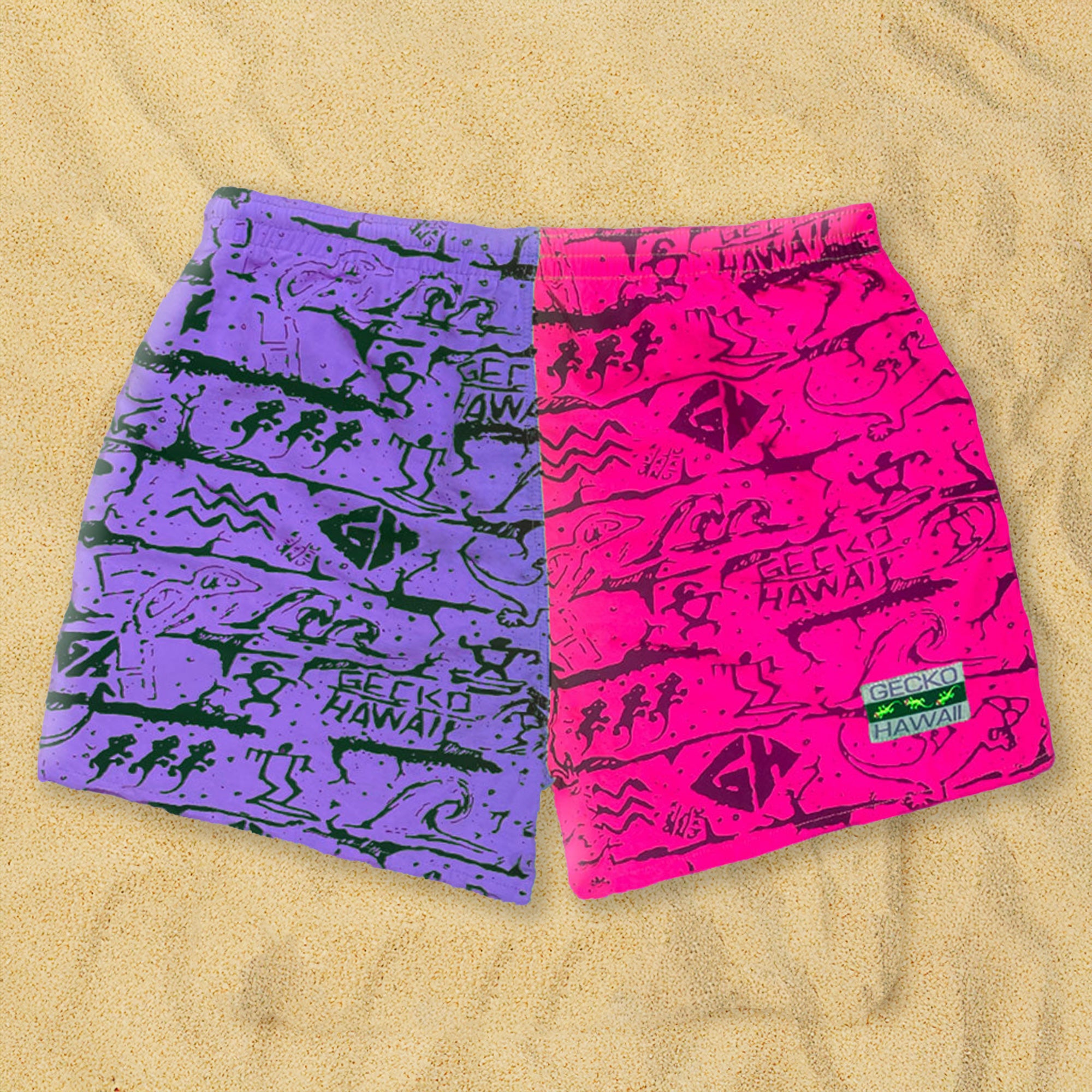Gecko Wall - Neon Pink/Purple Split Volley Shorts | Gecko Hawaii