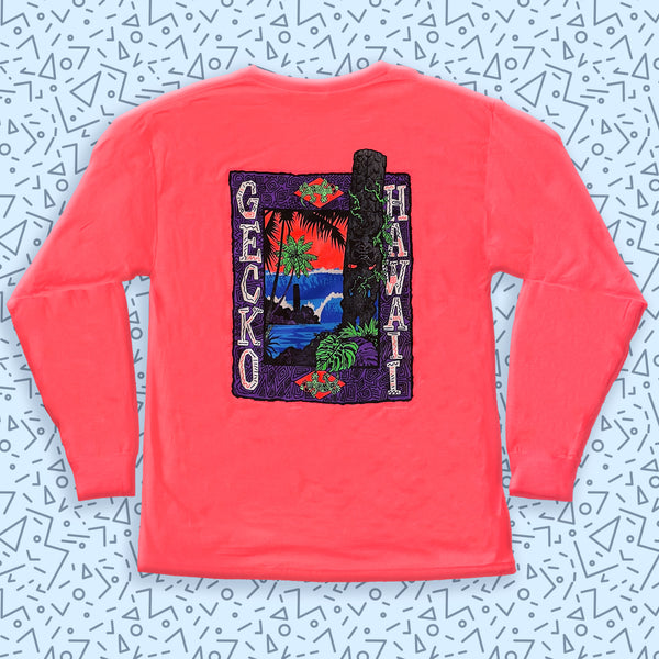 Gecko Tiki Time - 1980s Neon Coral Long Sleeve Tee