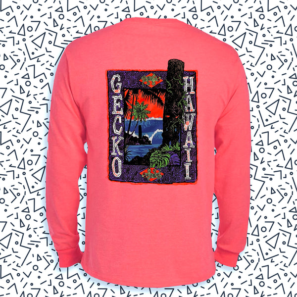 Gecko Tiki Time - 1980s Neon Coral Long Sleeve Tee