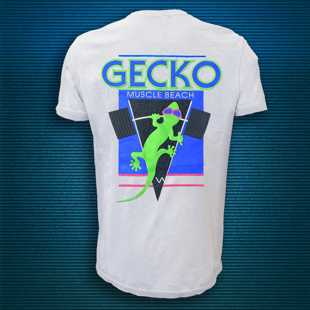 1988 Gecko Muscle Beach V2 - White Cotton Tee | Gecko Hawaii