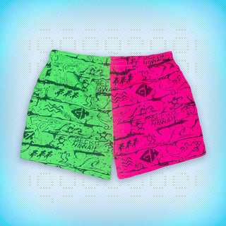 Gecko Wall - Neon Pink/Green Split Volley Shorts