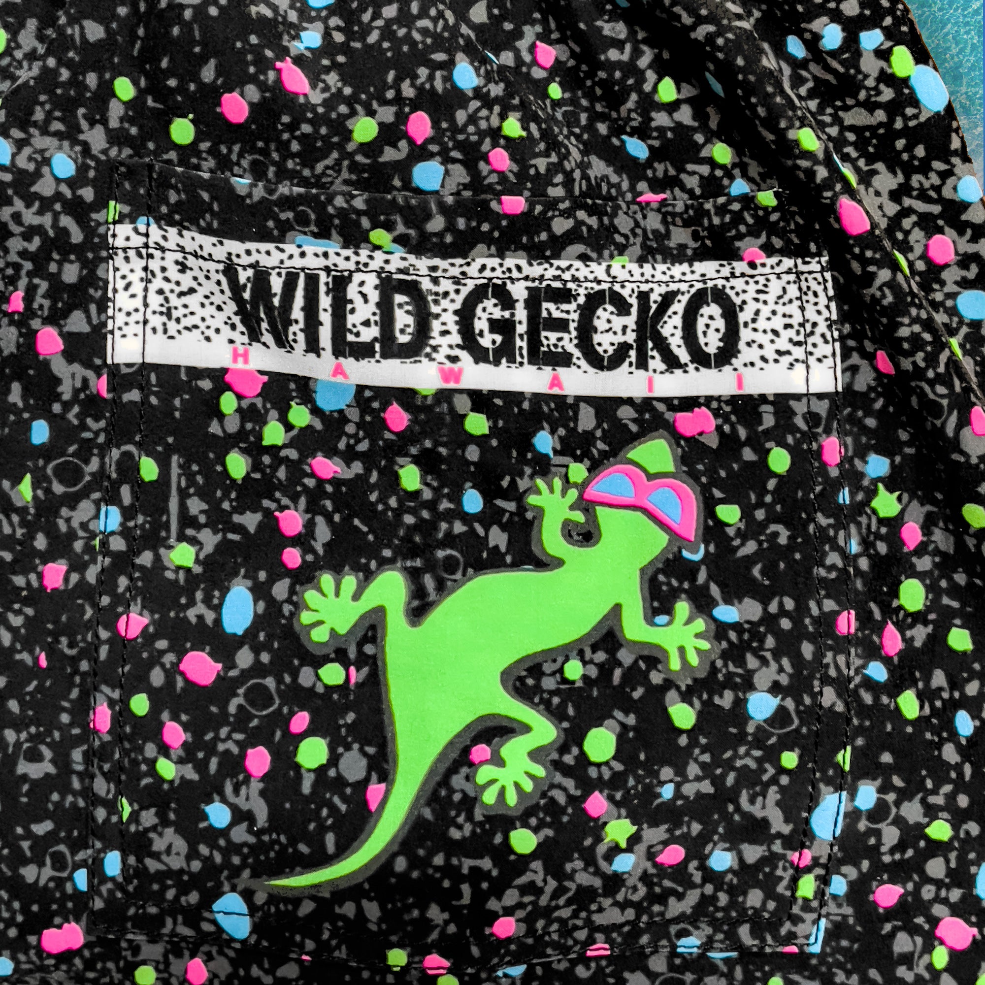 1992 Gecko Splatter Wrap Black Multiverse Volley Shorts | Gecko Hawaii