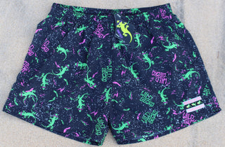 Retro Gecko Hawaii Volley Shorts / Swimsuit - Black Neon Pattern